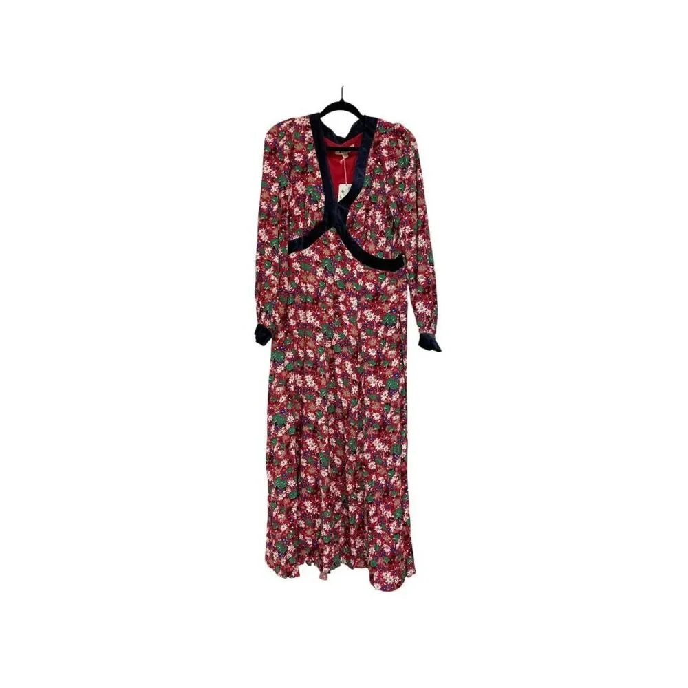 Boden Womens Dress UK 14 US 10 Red Floral Puff Sleeve Velvet Trim D1102 NWT - Picture 2 of 16